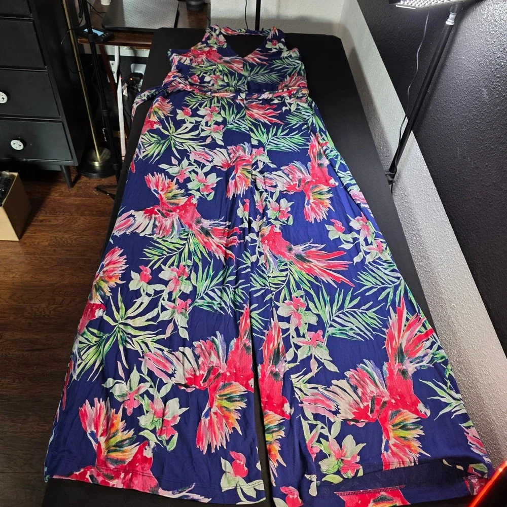 Sofia Jeans by Sofia Vergara‎ Tropical Parrot Halter Wide Leg Jumpsuit Navy L